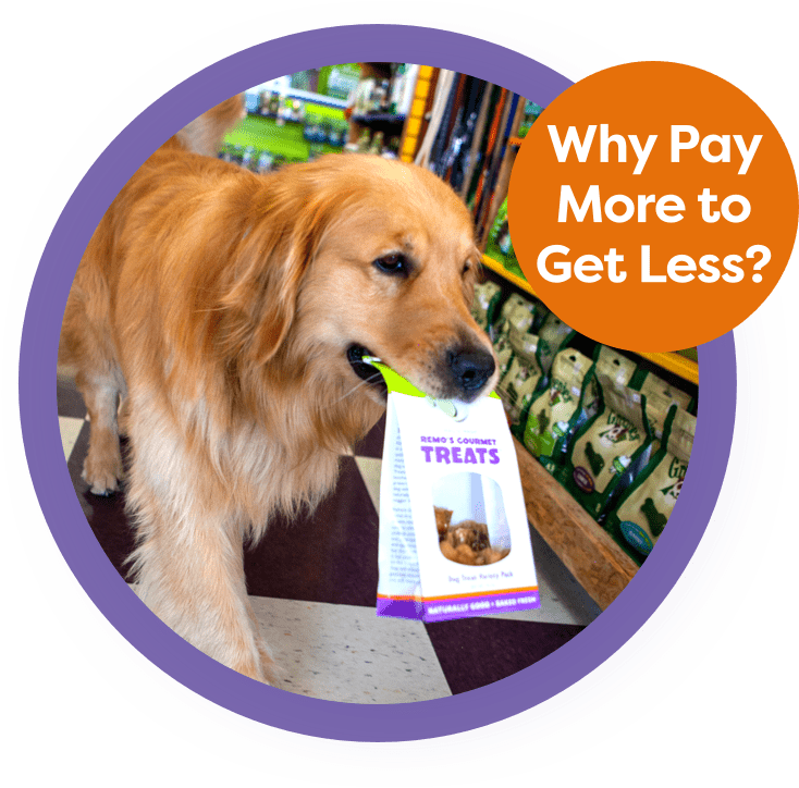 Why Pay More to Get Less Icon with Dog holding bag of treats