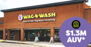 Wag N' Wash franchise location with a graphic showing $1.3 million mid-year growth.